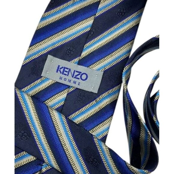 KENZO Men's 100% Silk Necktie LUXURY Tie Navy Blue Striped Floral W:3.7" EUC - Picture 2 of 4